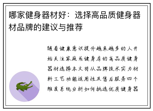哪家健身器材好：选择高品质健身器材品牌的建议与推荐