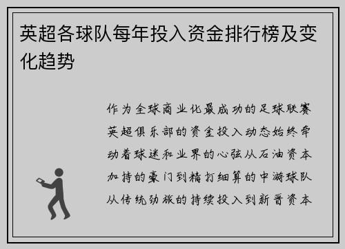 英超各球队每年投入资金排行榜及变化趋势